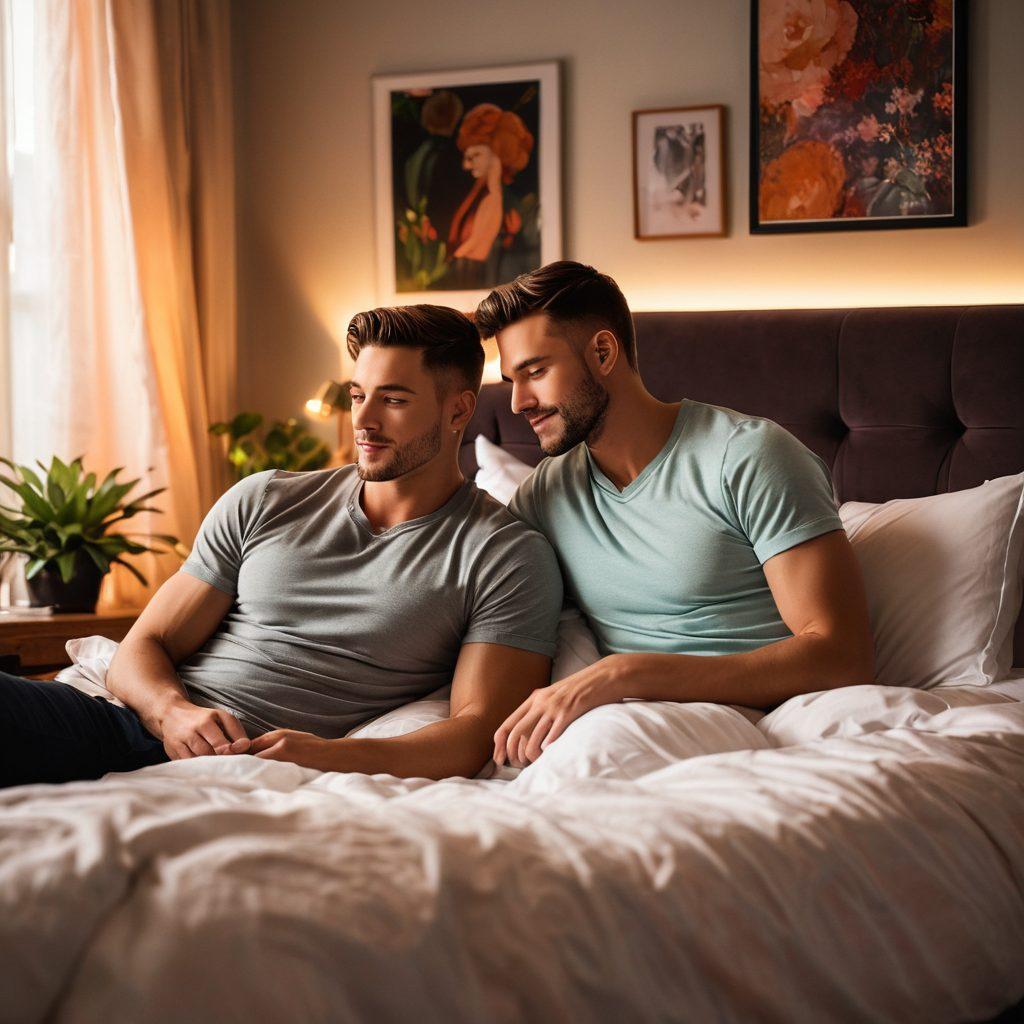A cozy and inviting bedroom scene featuring two stylish and confident men sharing an intimate moment, surrounded by soft lighting and tasteful decor. Include subtle hints of male-on-male romance, such as personal items that reflect their lives together. The atmosphere should be warm and welcoming to emphasize connection and comfort. Bright colors that evoke a sense of passion and playfulness. super-realistic. vibrant tones. soft focus.