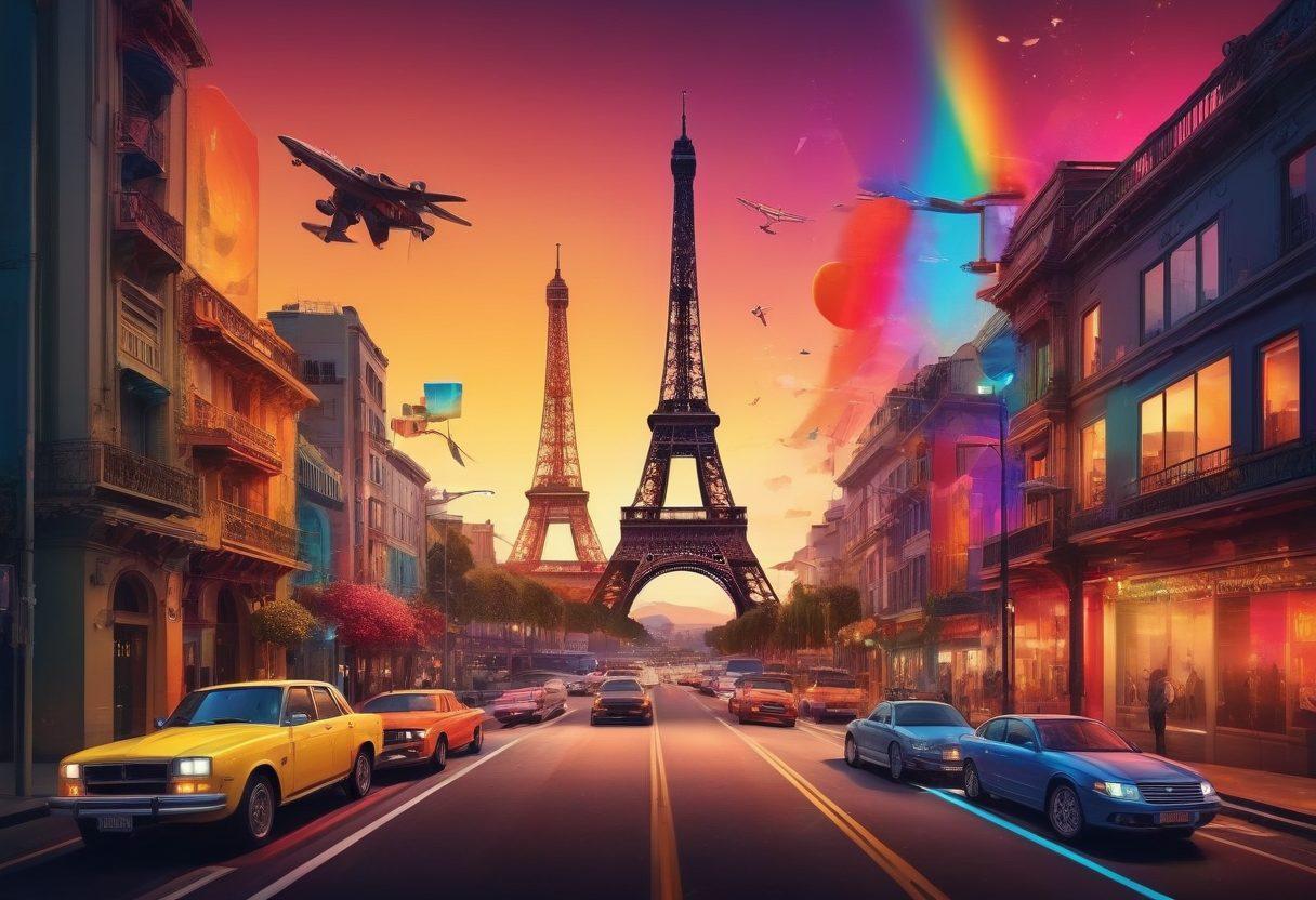 A vibrant collage of iconic landmarks from around the world, like the Eiffel Tower and Golden Gate Bridge, subtly blended with streaming elements such as play buttons and film reels. Include colorful rainbow motifs to symbolize inclusivity and diversity, with soft glowing lights adding a dynamic feel. The foreground features silhouettes of diverse couples engaging with devices, watching films together. This visually promotes both exploration and connectivity. vibrant colors. 3D.