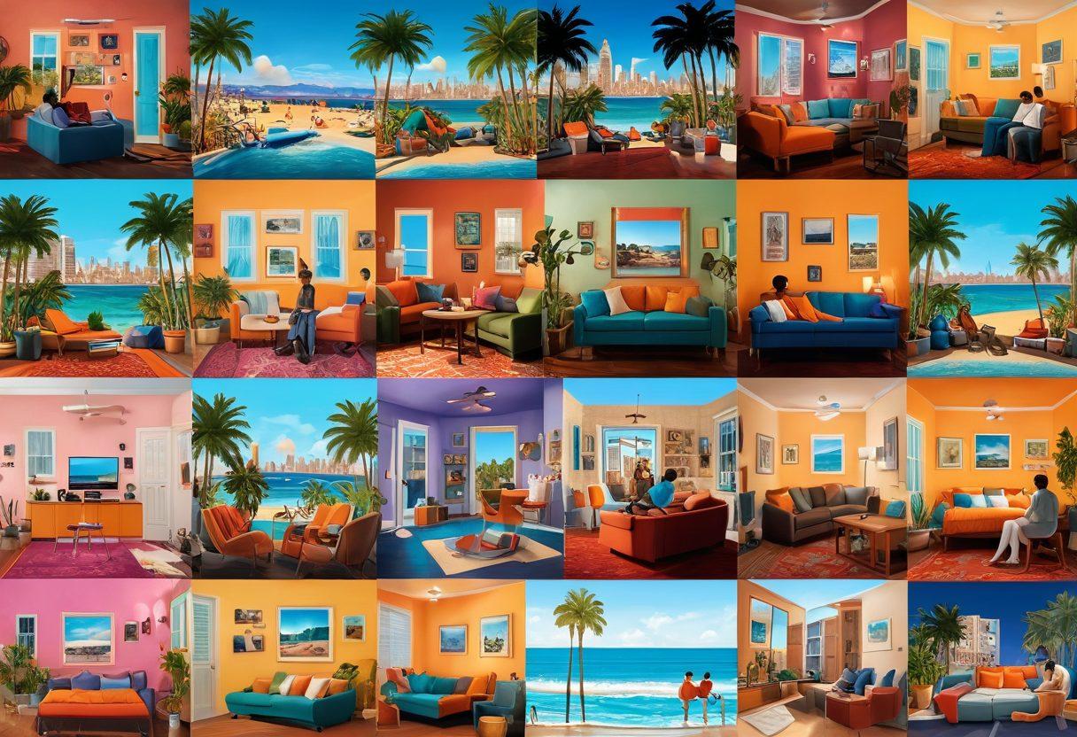 A vibrant collage showcasing various scenes from gay adult films, featuring diversity in characters, settings like a beach, a cityscape, and a cozy apartment, with film reels and digital screens intertwined to symbolize accessibility. The colors are warm and inviting, portraying a sense of community and celebration. super-realistic. vibrant colors. cinematic style.